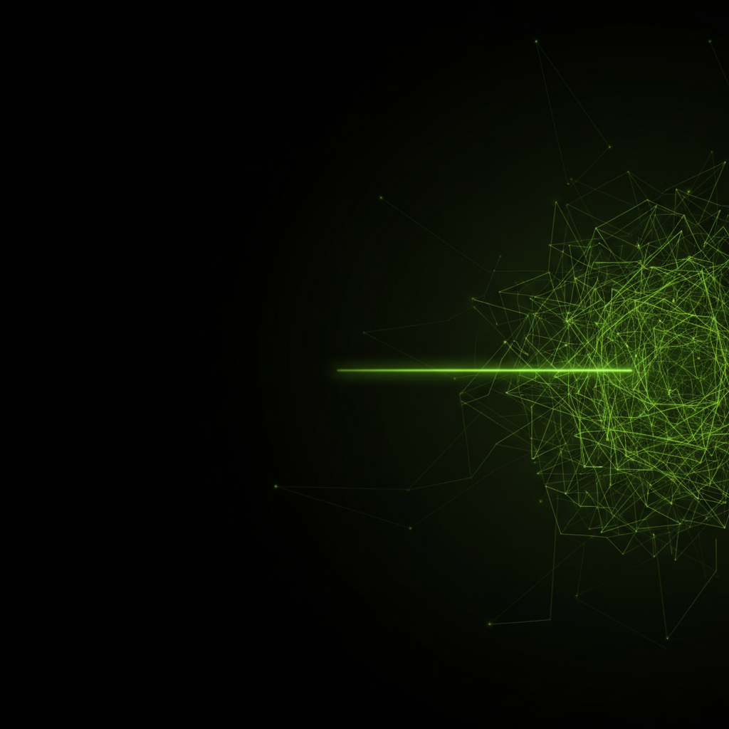 Abstract dark cinematic background image, deep black to very dark green gradient (#000000 to #0d1512), subtle geometric structure suggesting order emerging from complexity, thin luminous green lines (#00C853) forming a clear path through a dense chaotic network, calm and minimalist, wide banner format, no text, no people, professional corporate aesthetic, high contrast, lots of negative space on the left for text overlay